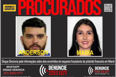 Cartaz pede informações que levem à prisão de diretores de empresa que aplicava golpe da pirâmide financeira