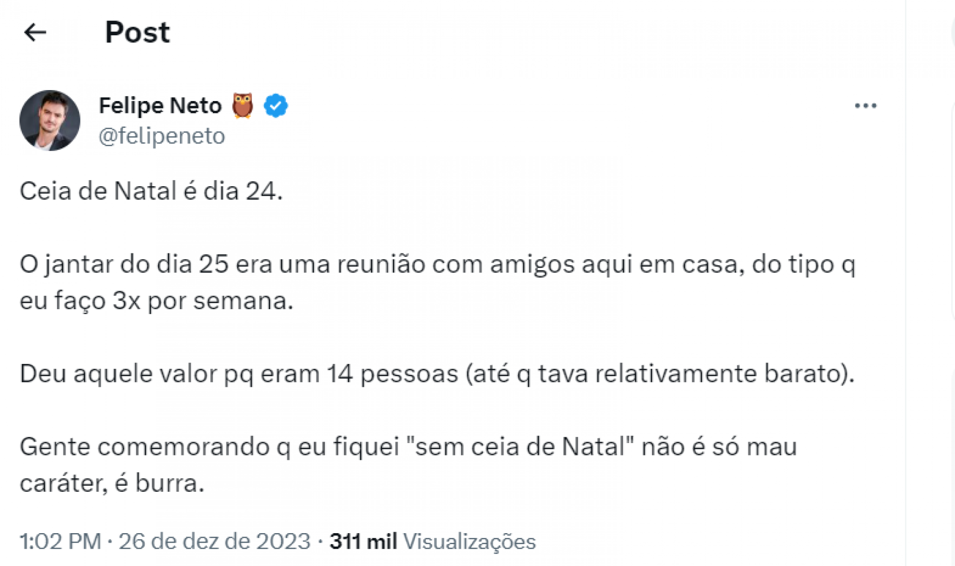 Felipe Neto explica que ficou sem jantar de Natal após erro de aplicativo - Reprodução / X