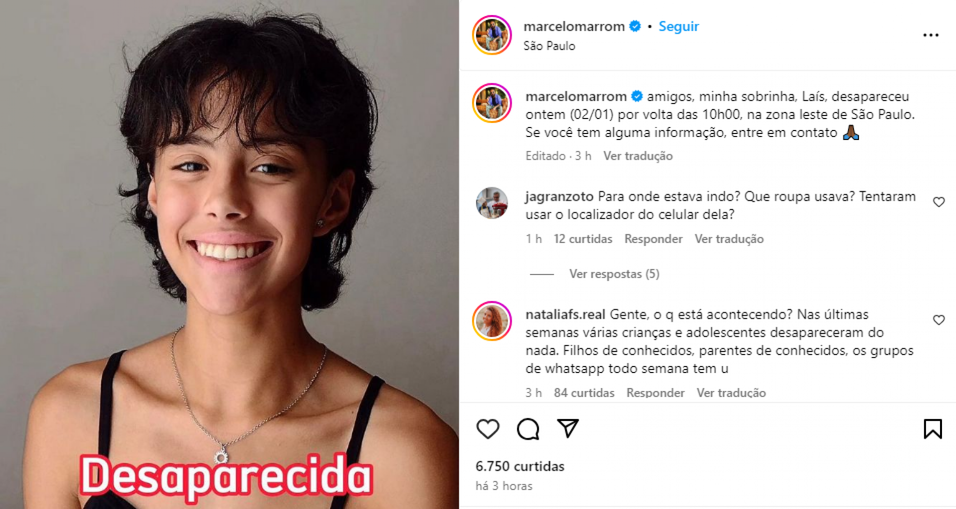 Marcelo Marrom recorreu ao Instagram para tentar encontrar sua sobrinha, Laís - Reprodução/Instagram