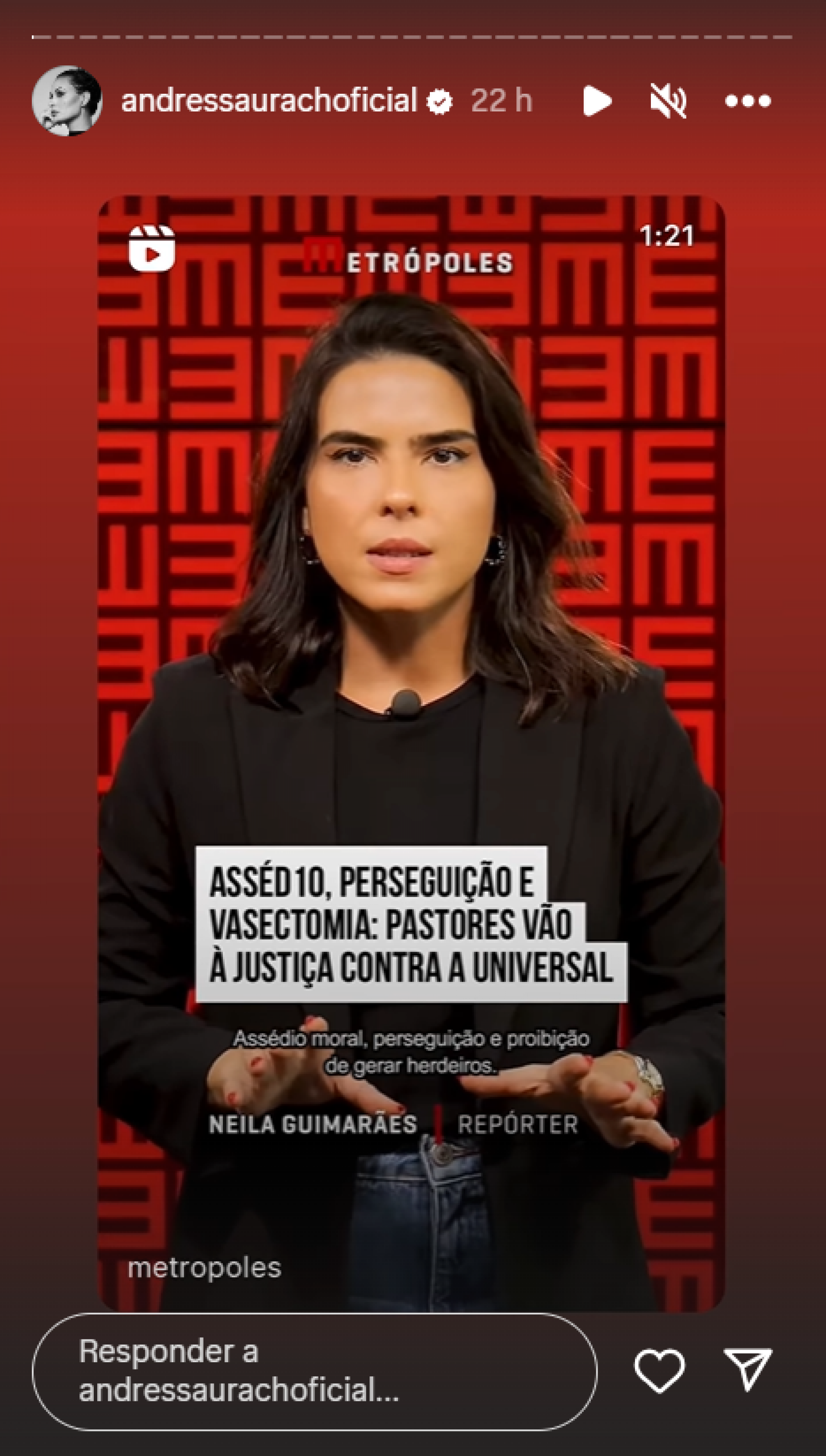 Andressa Urach compartilha reportagem do site 'Metrópoles' sobre denúncia de ex-pastores da Igreja Universal - Reprodução / Instagram