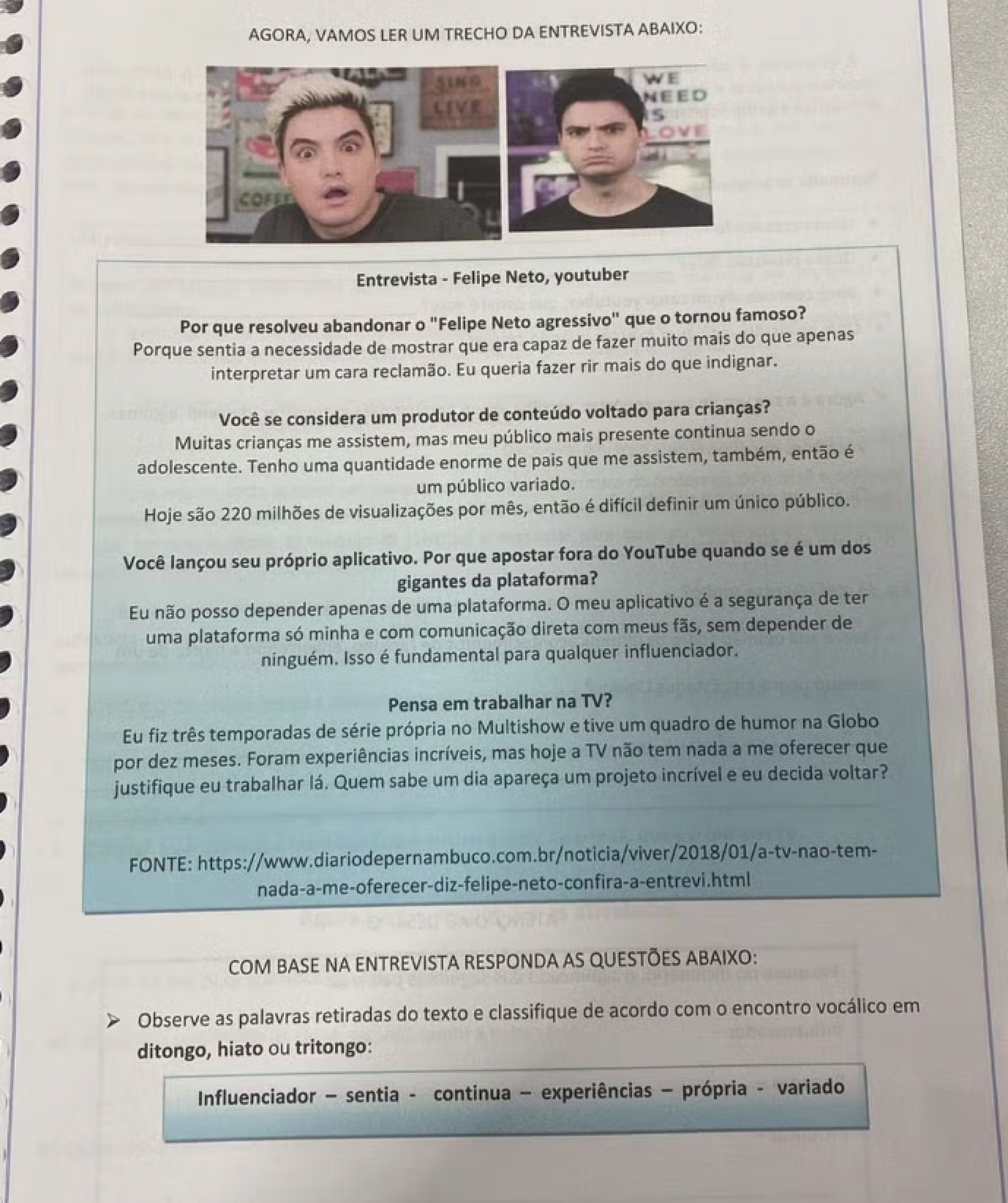 A lição para interpretação de textos da entrevista concedida por Felipe Neto ao Diário Pernambuco - Reprodução