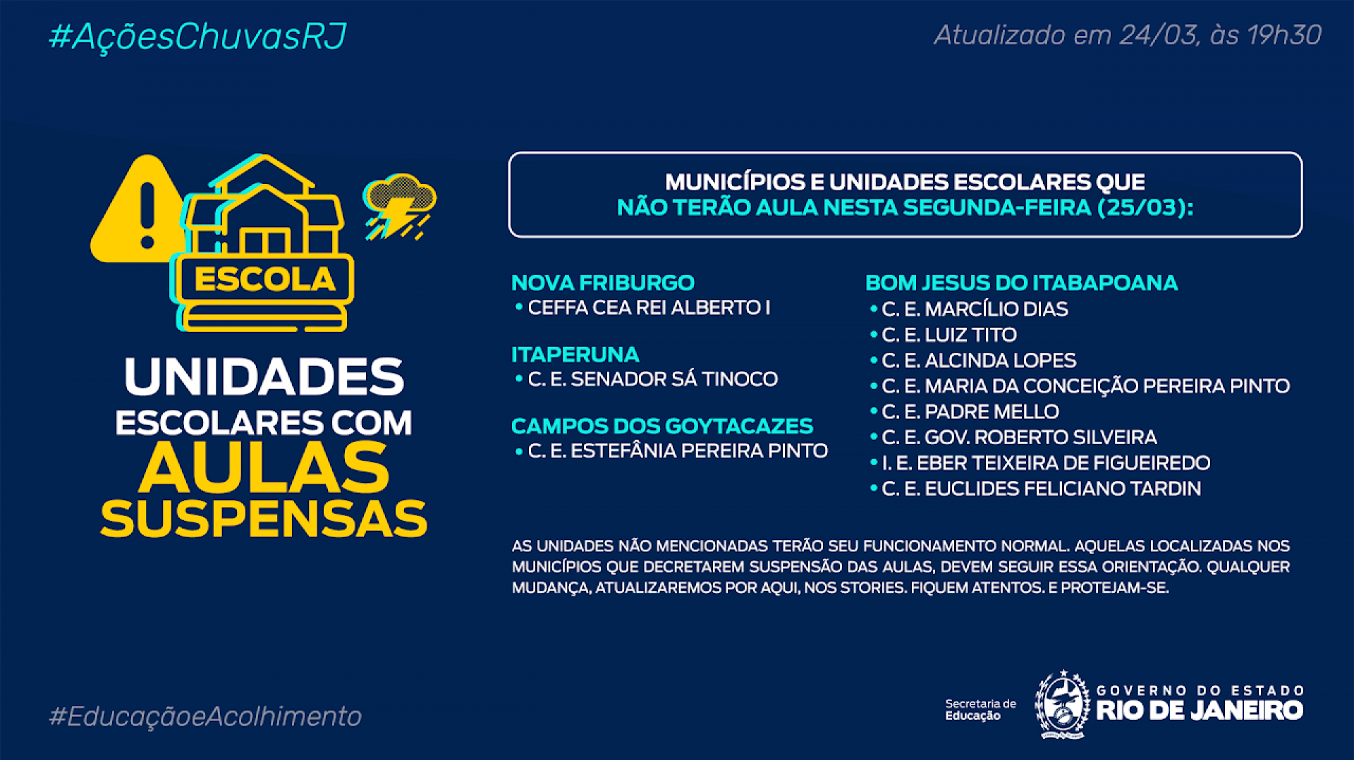 Onze escolas estaduais seguem com aulas suspensas devido as fortes chuvas  - Divulgação / Seeduc-RJ