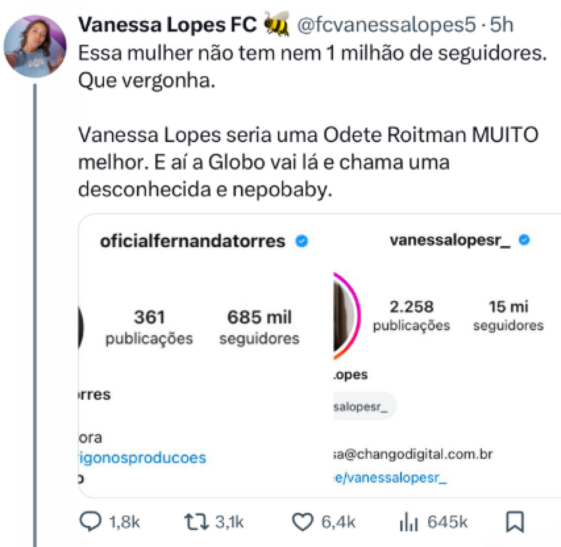 Vanessa Lopes nega rivalidade com Fernanda Torres: 'Comparação absurda' - Foto: Reprodução