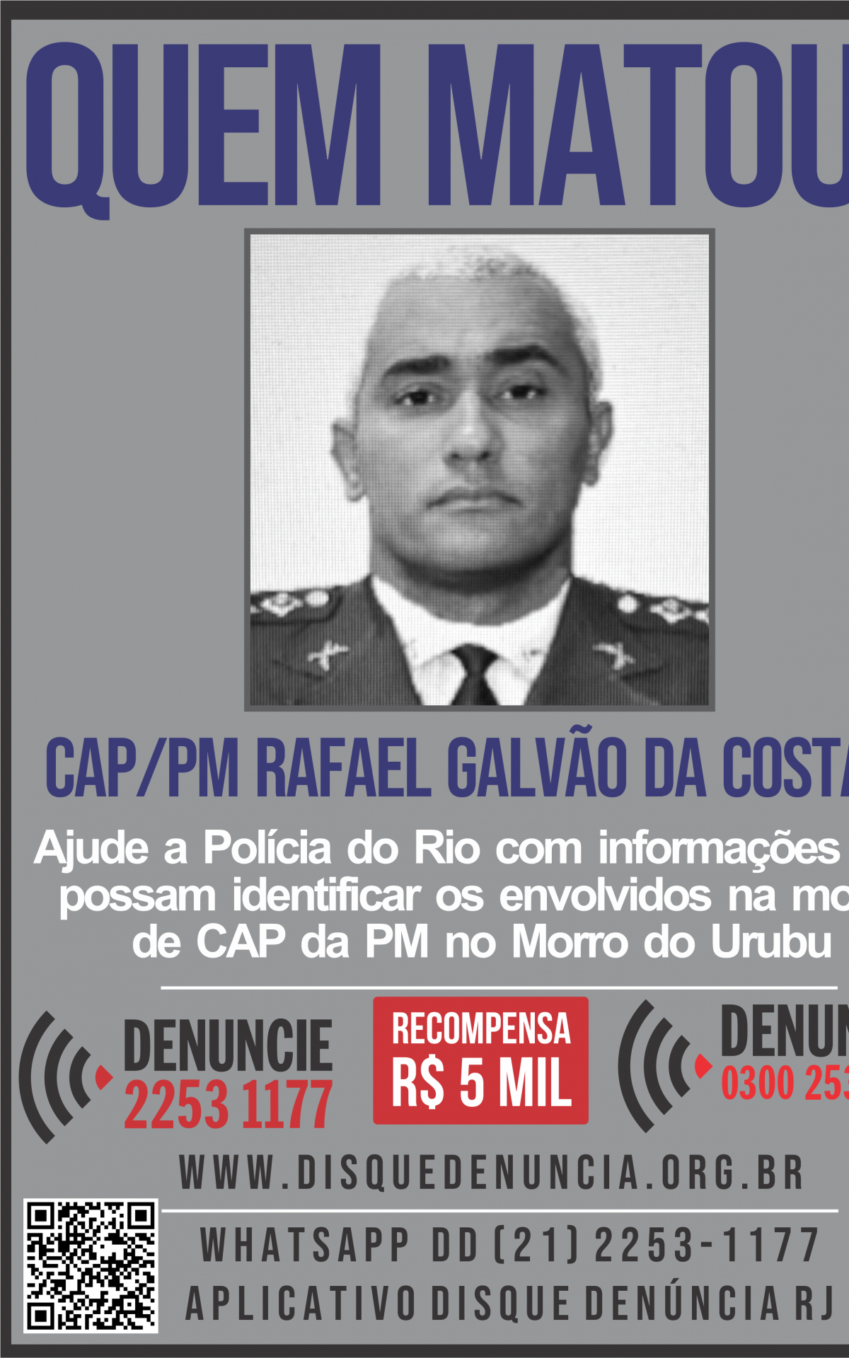 Disque Denúncia oferece R$ 5 mil para informações sobre envolvidos na morte do PM Rafael Galvão - Divulgação