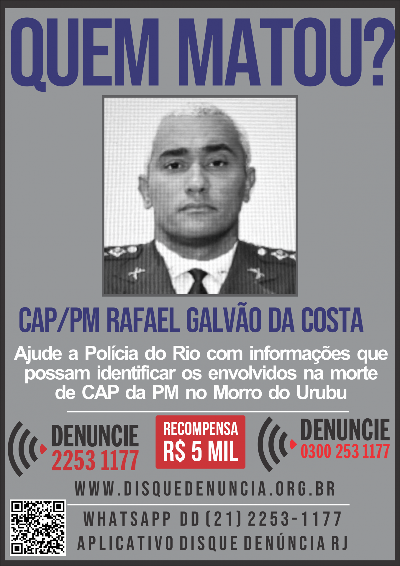 Disque Denúncia oferece R$ 5 mil para informações sobre envolvidos na morte do PM Rafael Galvão