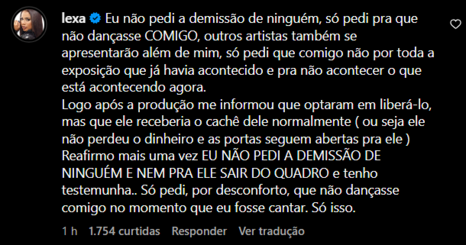 Lexa rebate dançarino que teria perdido vaga na Globo por sua causa - Foto: Reprodução