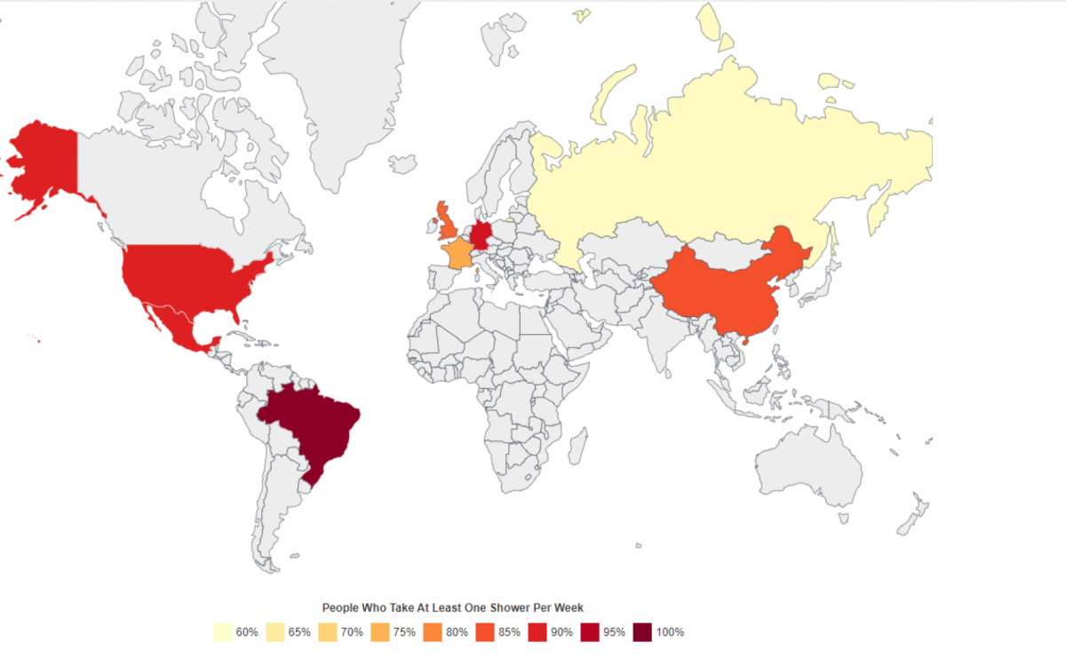 Mapa mostra Brasil com maior frequência de hábitos de banho  - Reprodução