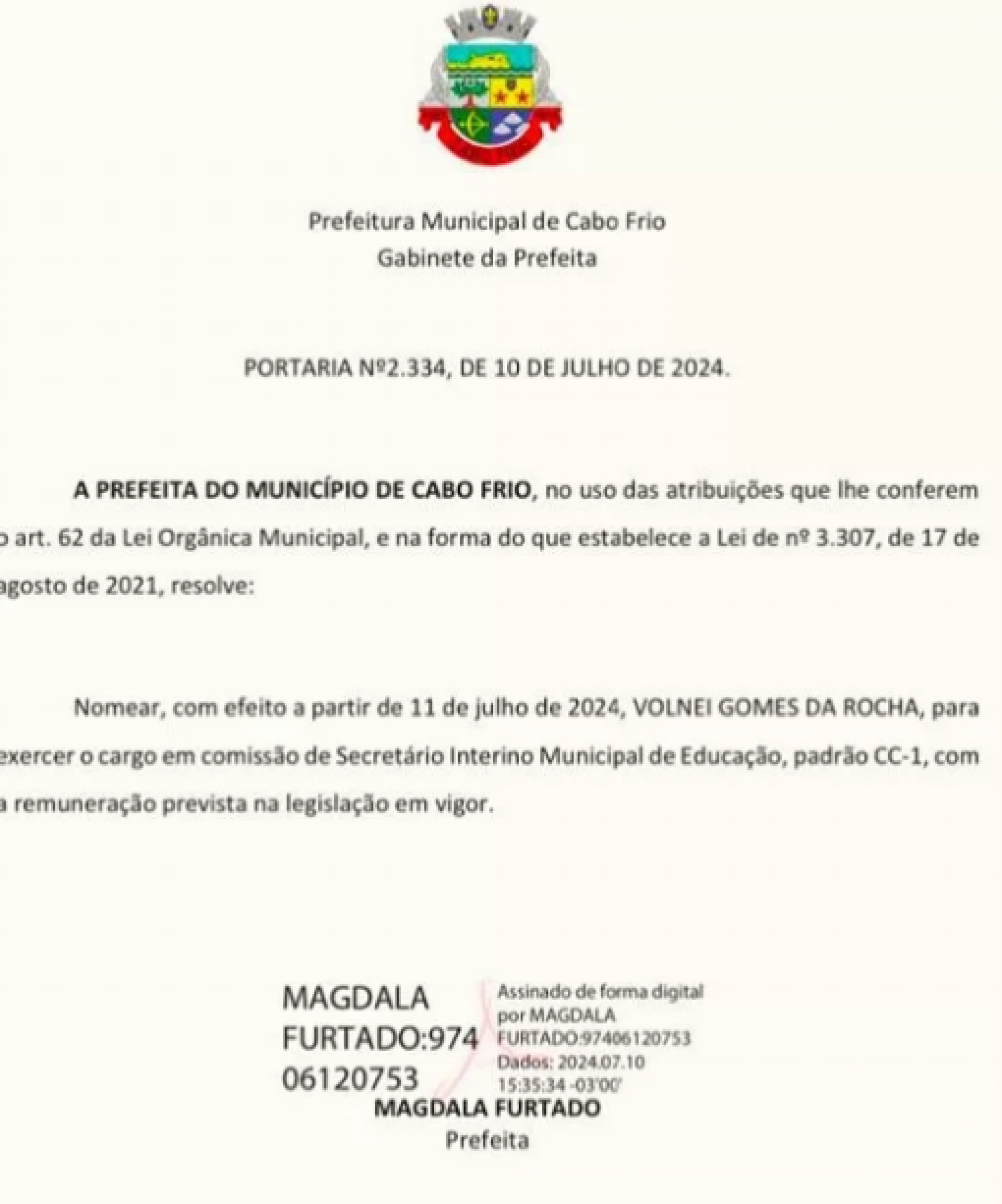 Nomea&ccedil;&atilde;o de Volnei Gomes da Rocha - Di&aacute;rio Oficial