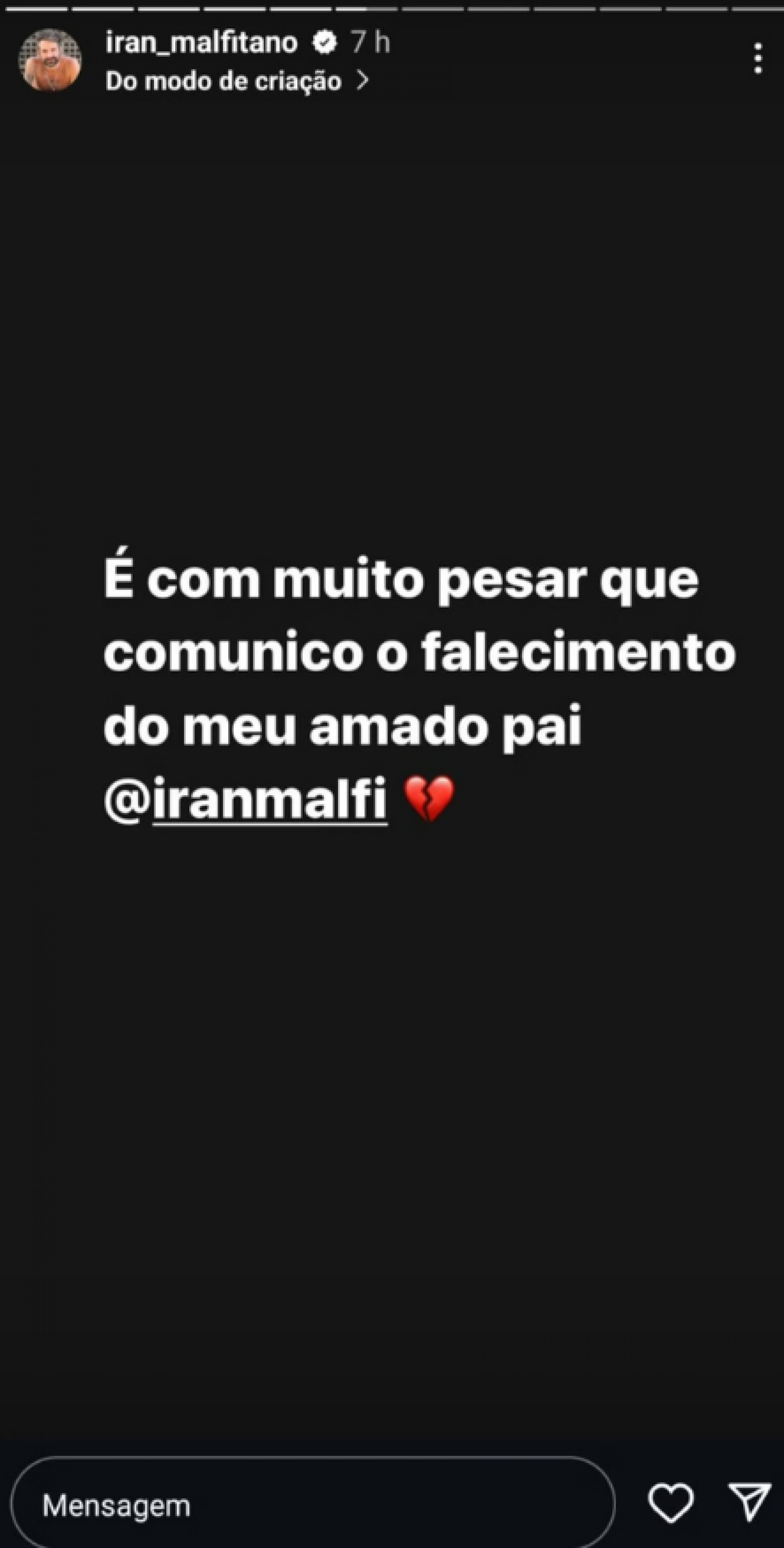 Pai do ator Iran Malfitano, Iran Malfi, morre aos 78 anos - Foto: Reprodução