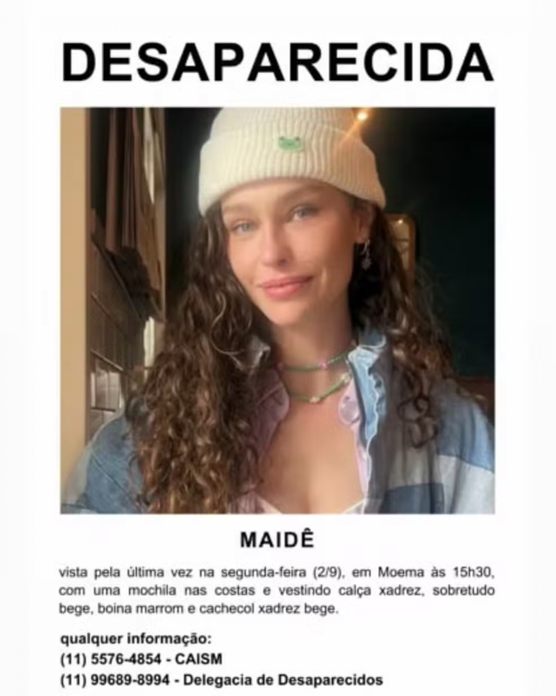 Cartaz compartilhado nas redes sobre o desaparecimento de Maidê - Reprodução/Redes sociais