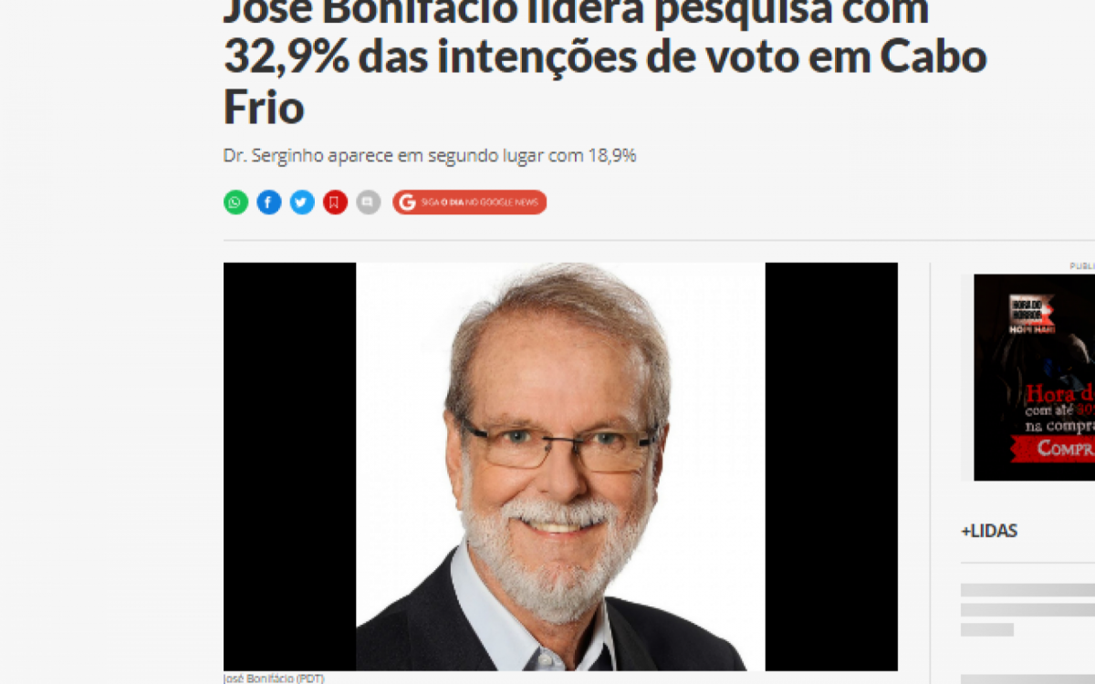 Matéria do O Dia mostrando José Bonifácio na liderança da pesquisa em 2020