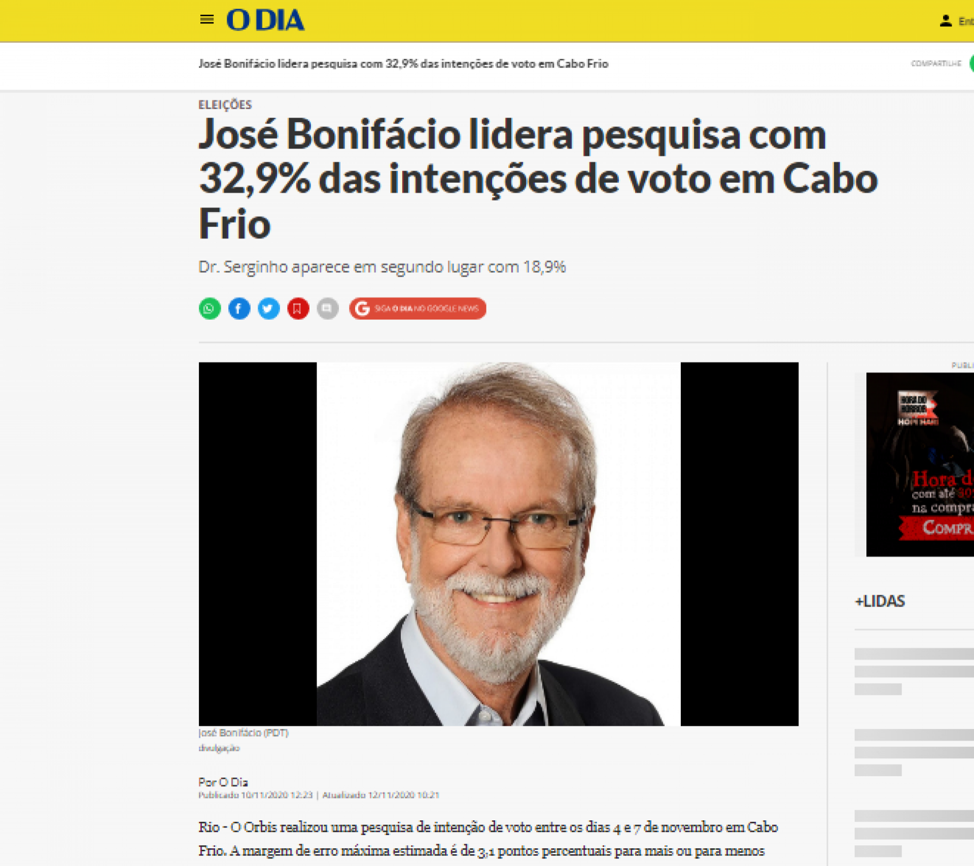 Matéria do O Dia mostrando José Bonifácio na liderança da pesquisa em 2020 - Reprodução/ O Dia