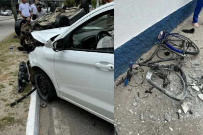 Carros colidem e atingem ciclista em Cabo Frio; um dos automóveis capotou