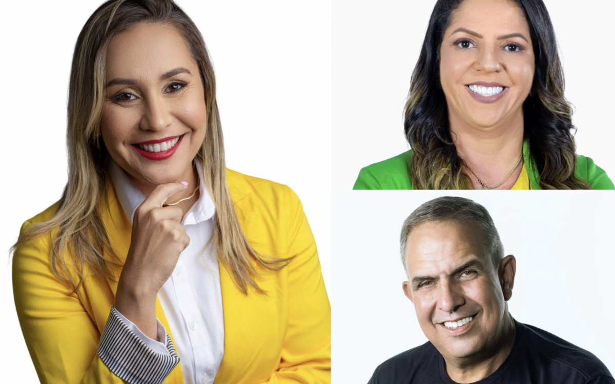 Daniela de Lívia (foto maior) lidera pesquisa, seguida por Penha Bernardes (acima, à direita) e Sérgio Ribeiro (abaixo, à direita)