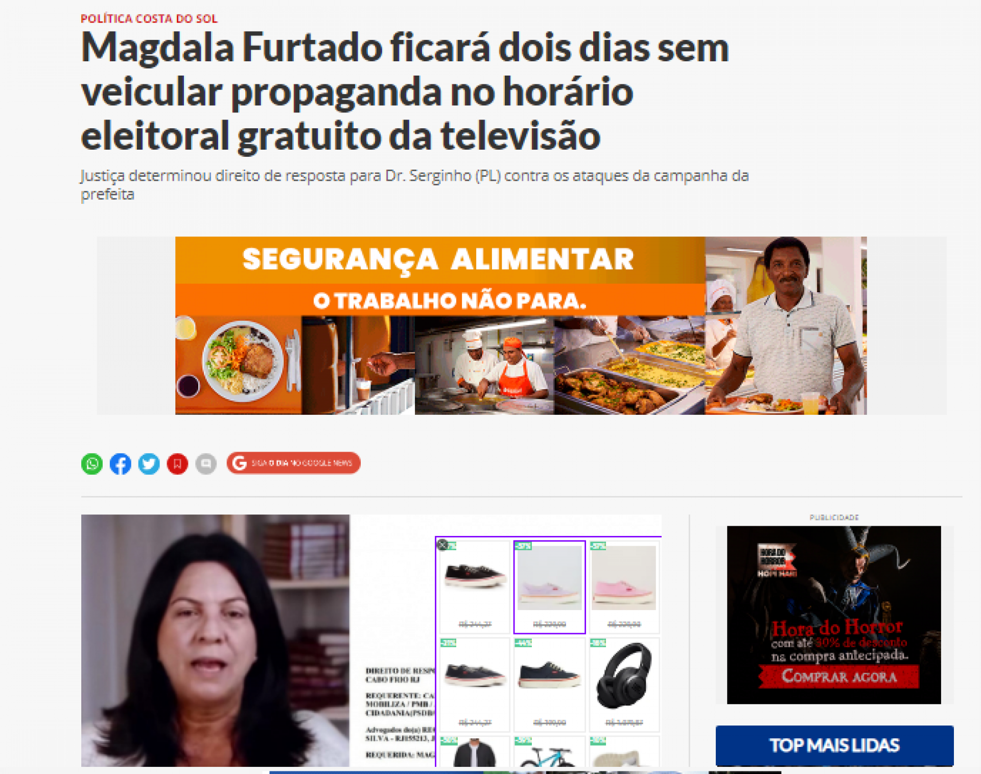 Mat&eacute;ria sobre a suspens&atilde;o da propaganda eleitoral da prefeita e candidata &agrave; reelei&ccedil;&atilde;o, Magdala Furtado - O Dia