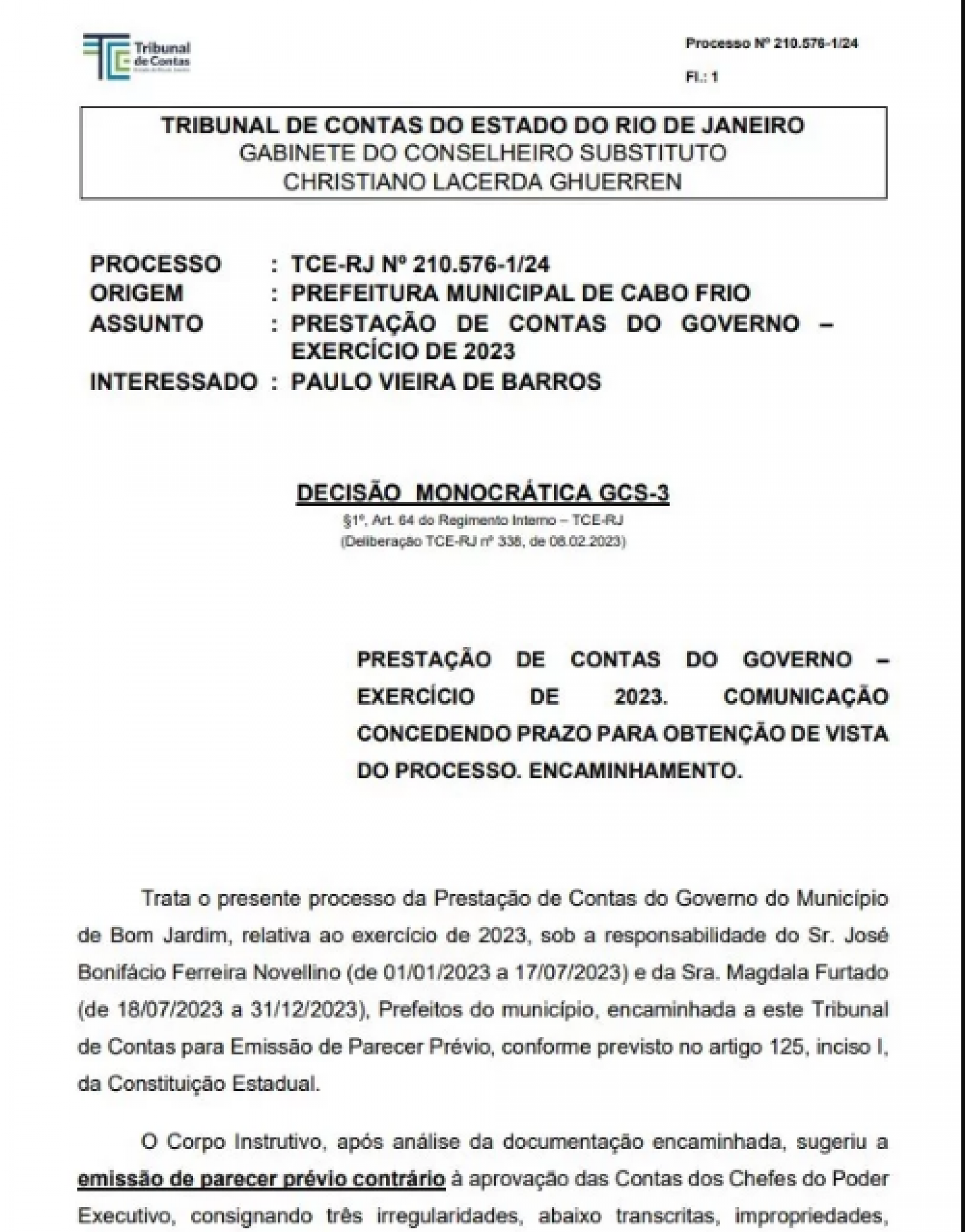 Decisão do TCE - Reprodução