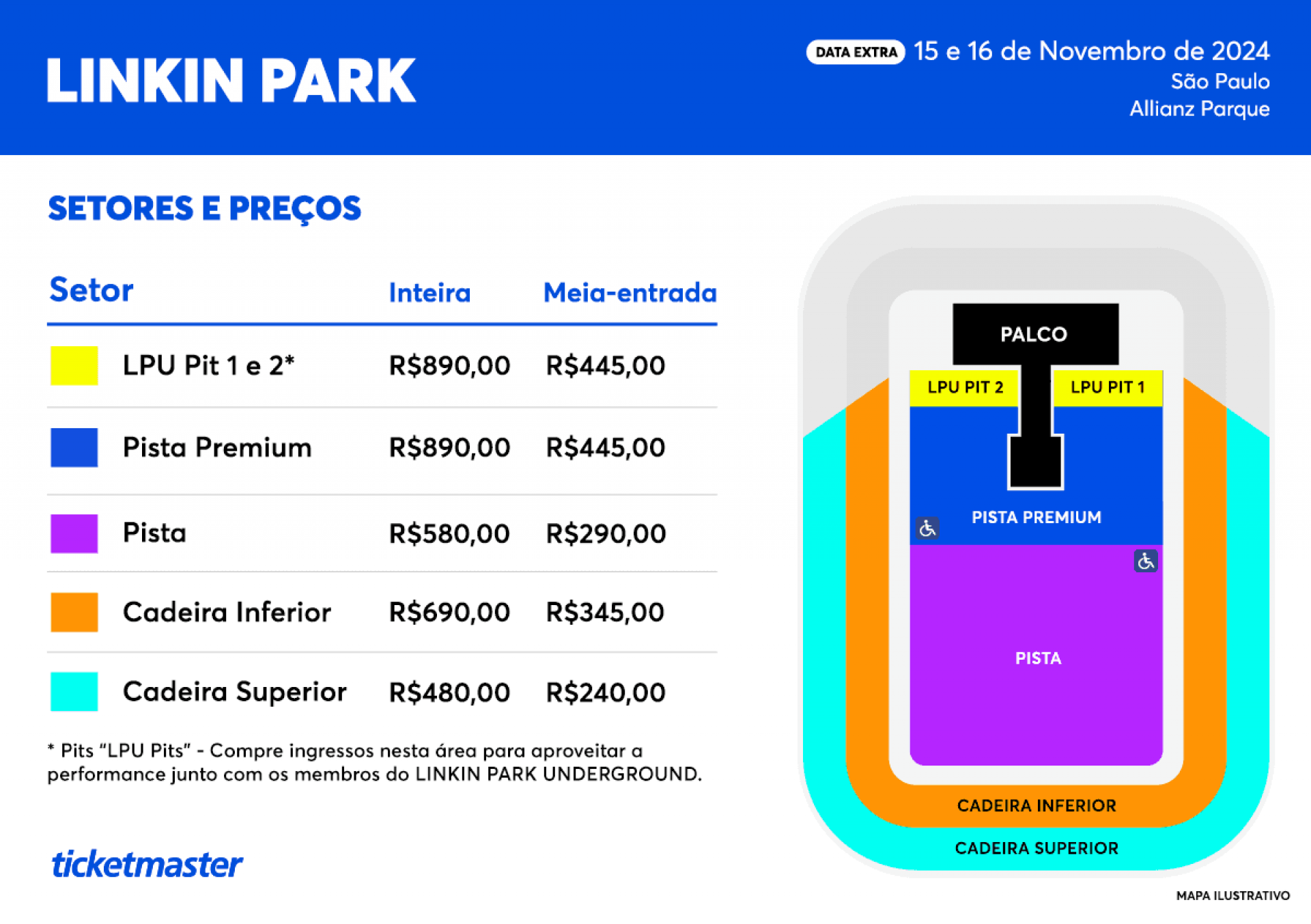 Mapa e valores do show do Linkin Park em São Paulo  - Reprodução / Ticketmaster 