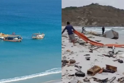 Embarcação encalhada na Praia Grande, em Arraial, é destruída por ventania