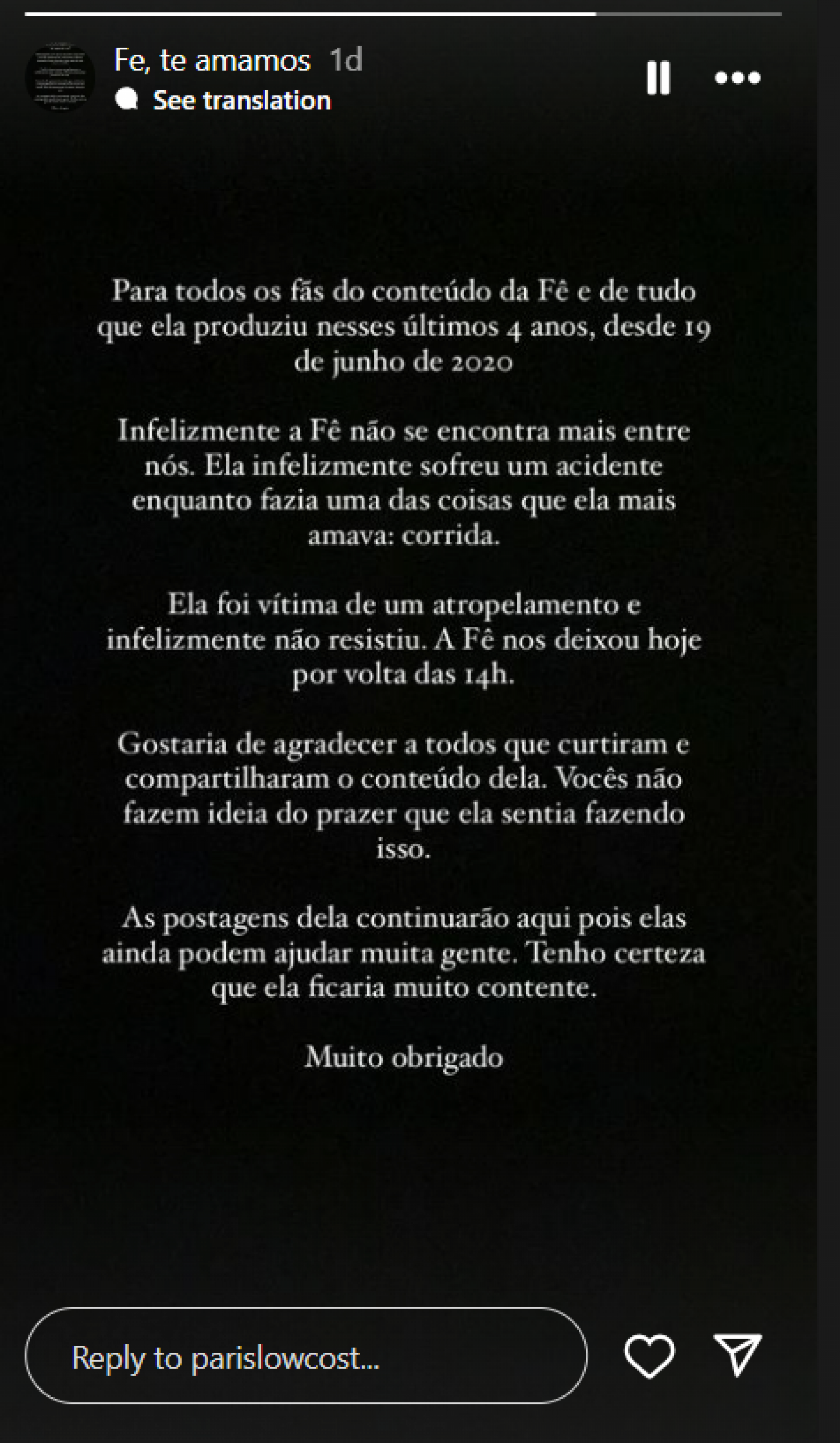 Publicação explica que a santista sofreu um acidente enquanto praticava corrida e não resistiu aos ferimentos