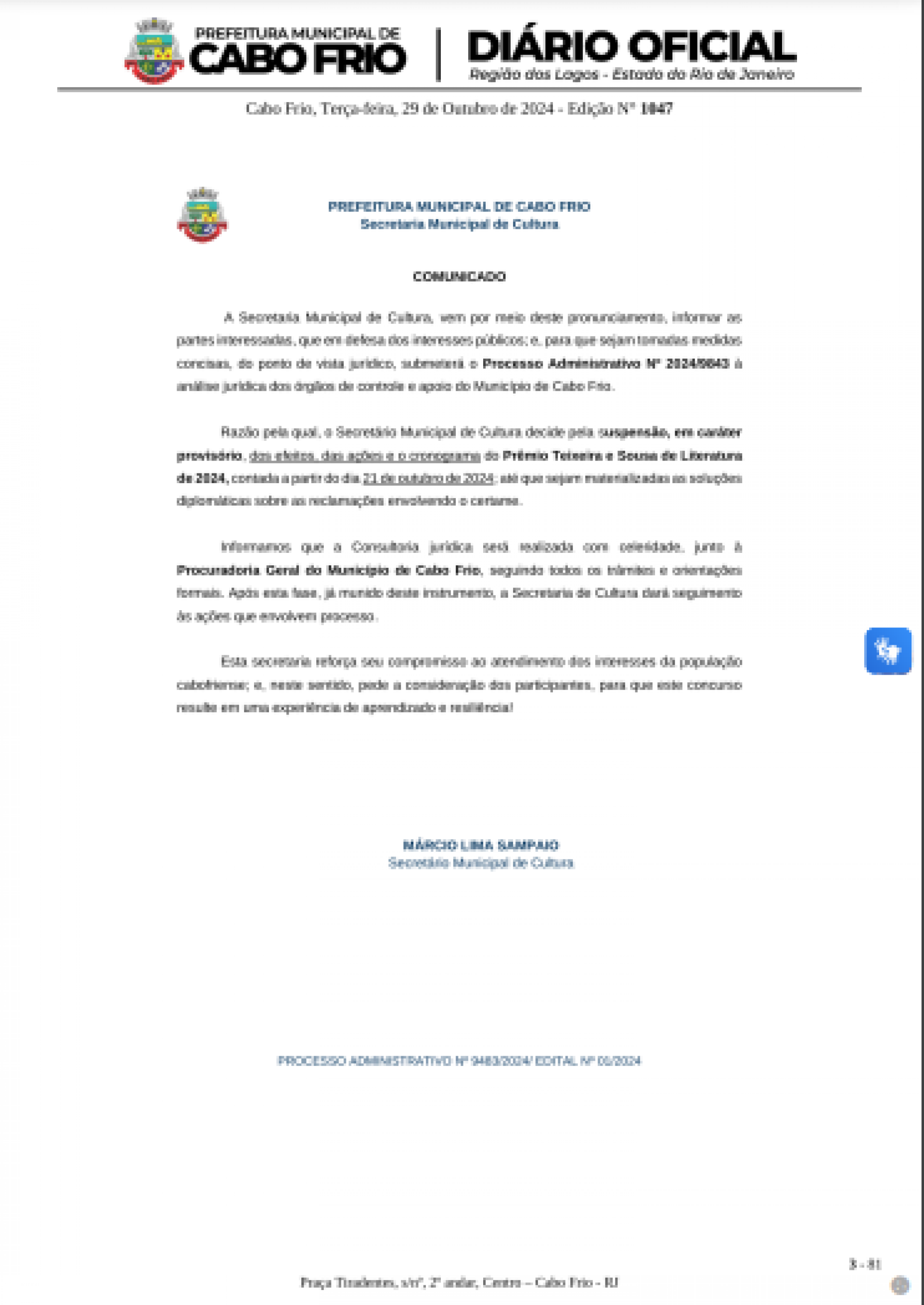 Comunicado da secretaria de Cultura - Diário Oficial