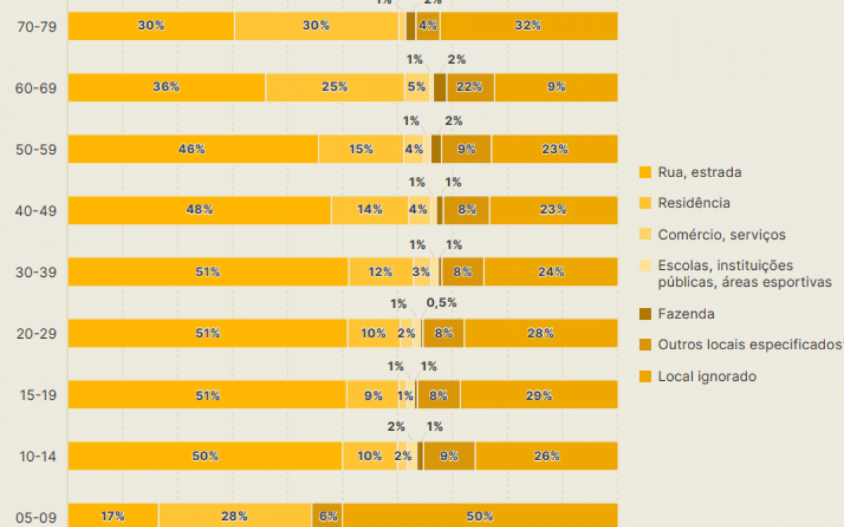 Homicídios masculinos por arma de fogo segundo local de ocorrência da agressão, por faixa etária