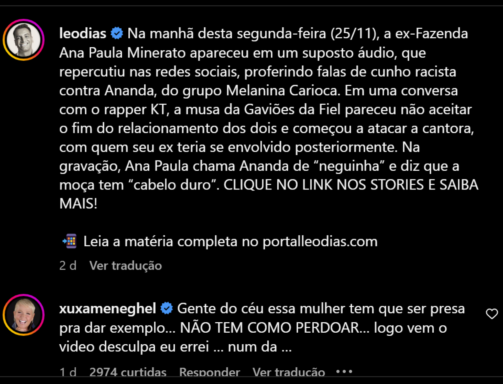 Xuxa se pronuncia após falas racistas de Ana Paula Minerato - reprodução Instagram