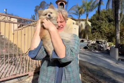 Vídeo! Homem que perdeu casa em incêndio de Los Angeles se emociona ao reencontrar cachorro perdido