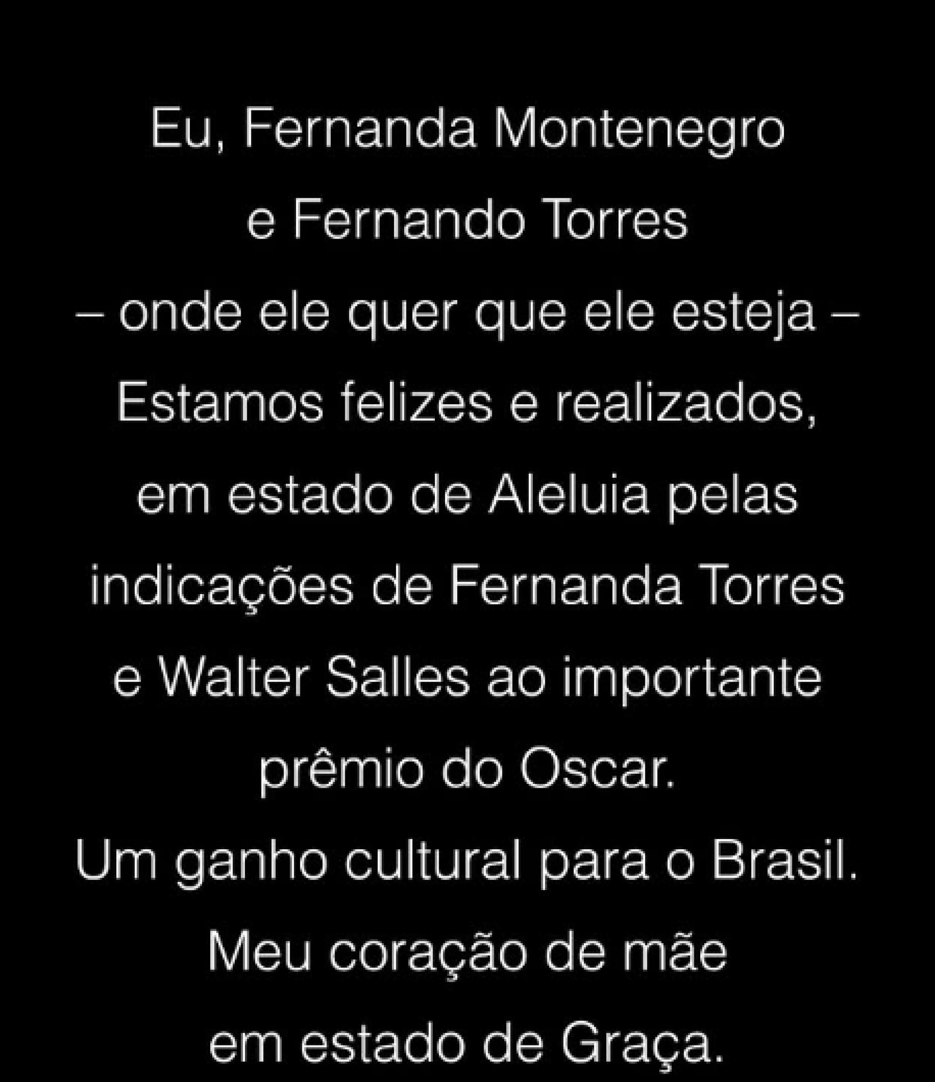 Fernanda Montenegro celebra indicação de Fernanda Torres ao Oscar: 'Estado de graça' - Reprodução / Instagram