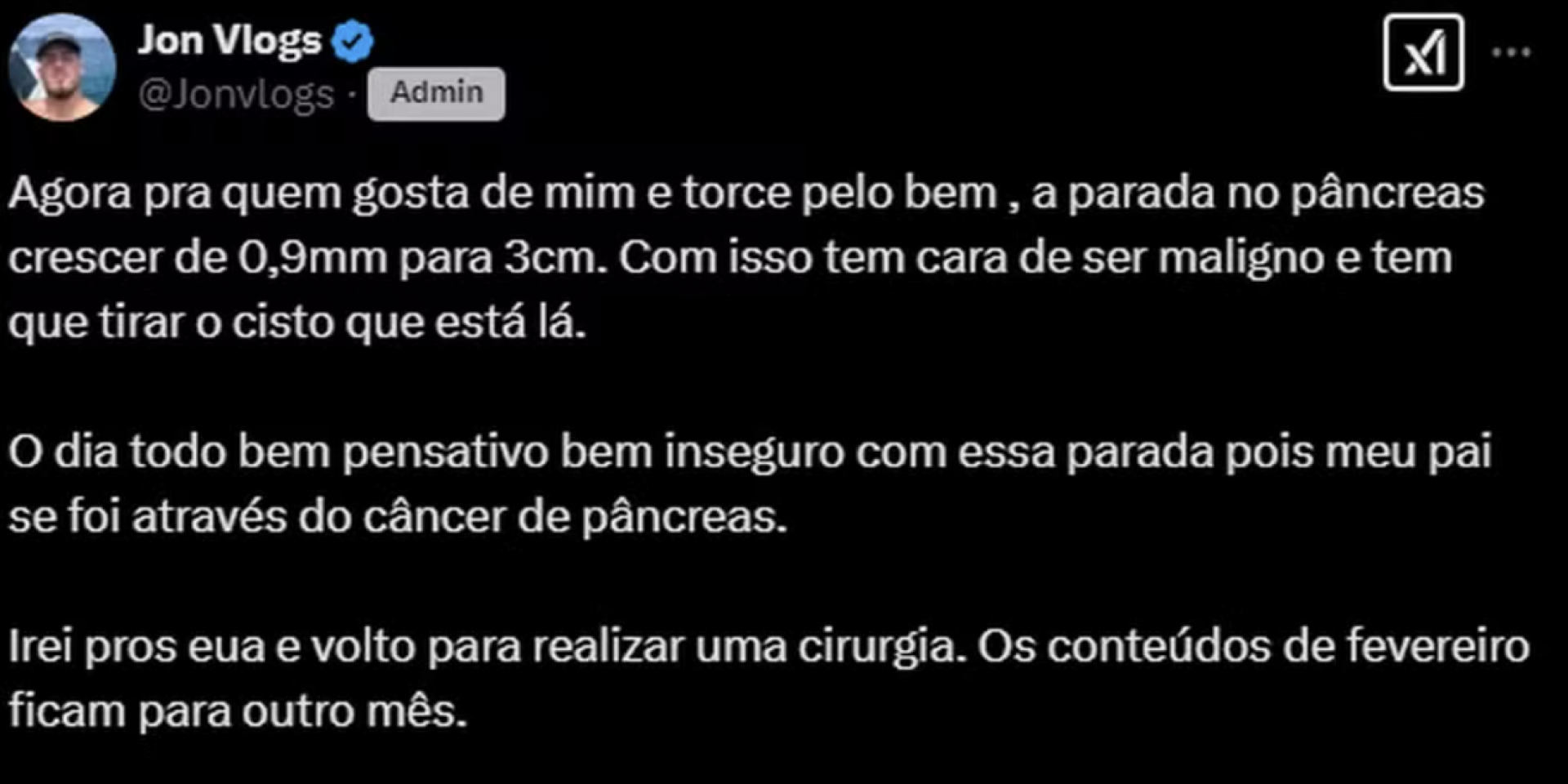 Jon Vlogs desabafa após cisto no pâncreas crescer - Reprodução X