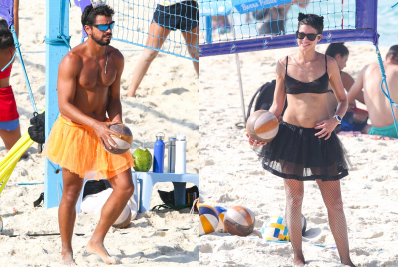 Agatha Moreira e Rodrigo Simas se refrescam em dia de praia