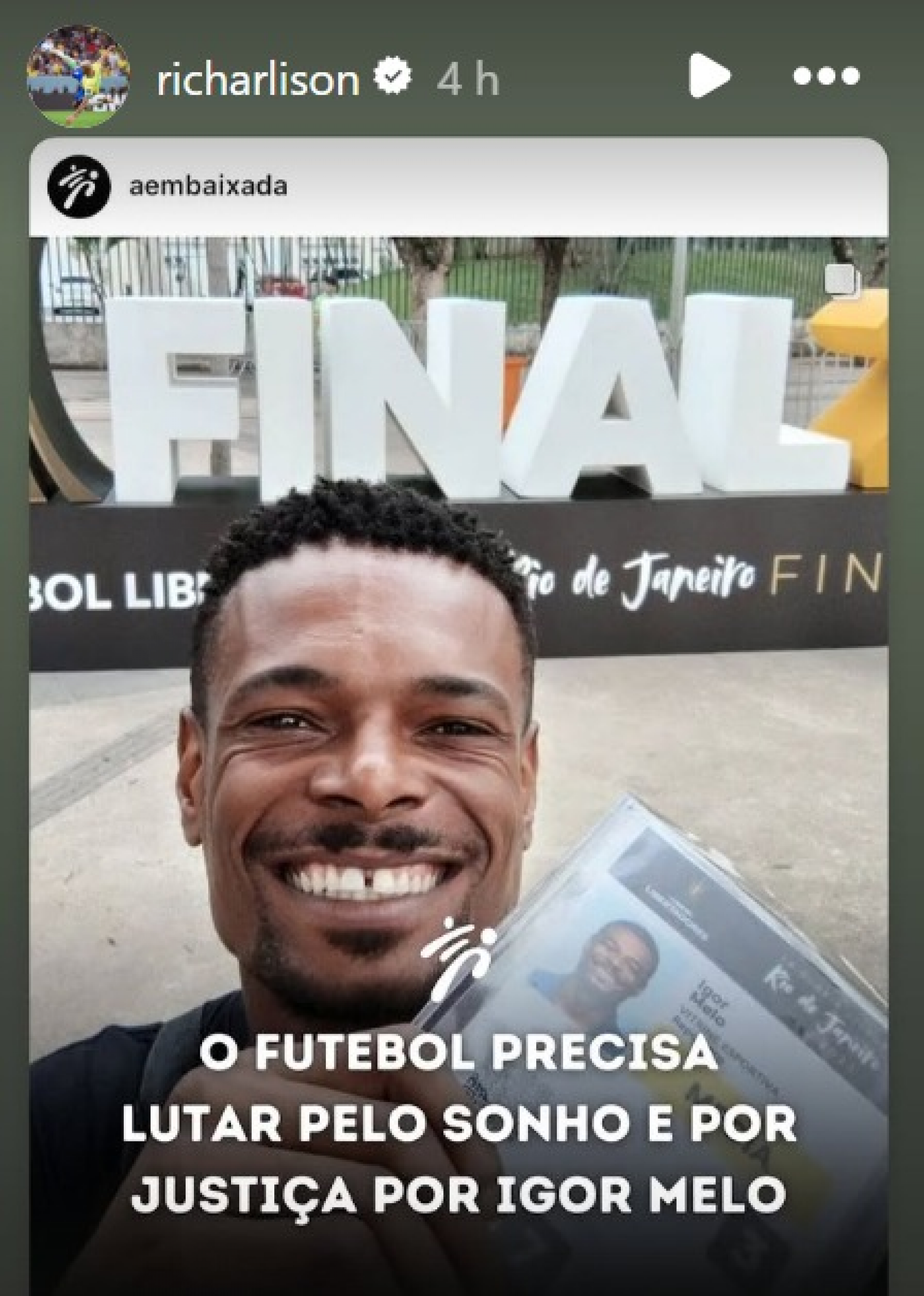 Publicação de Richarlison no Instagram após jornalista ser baleado no Rio - Reprodução