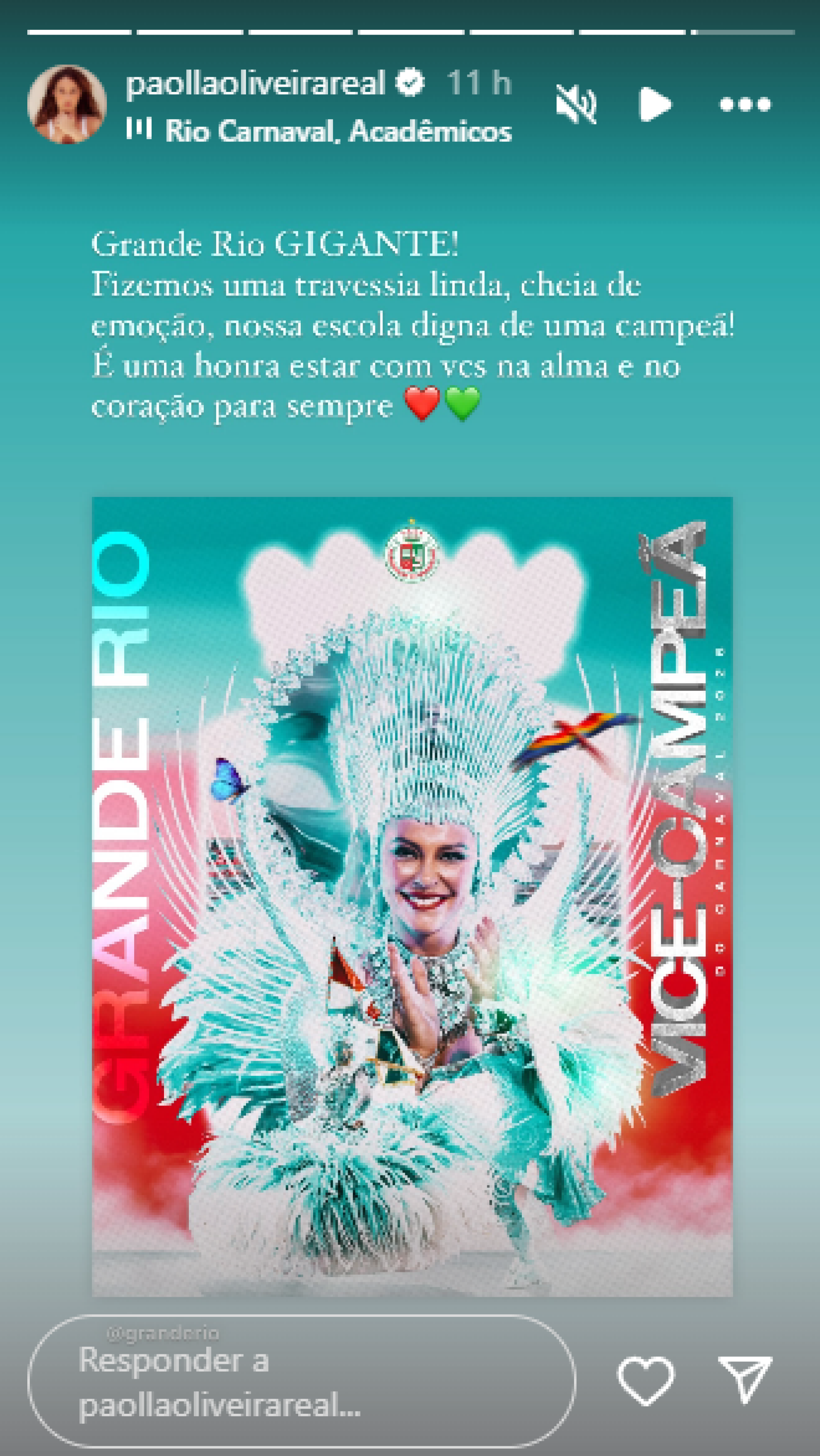 Paolla Oliveira comemora vice-campeonato da Grande Rio - Reprodução / Instagram