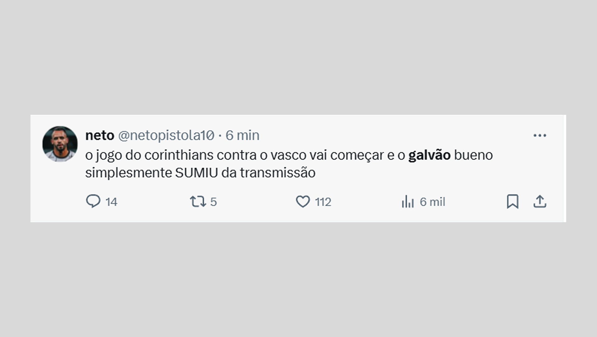 Comentários de torcedores e internautas sobre a ausência de Galvão Bueno na narração dos primeiros 15 minutos de Corinthians x Vasco, no Prime Video - Reprodução de rede social / X
