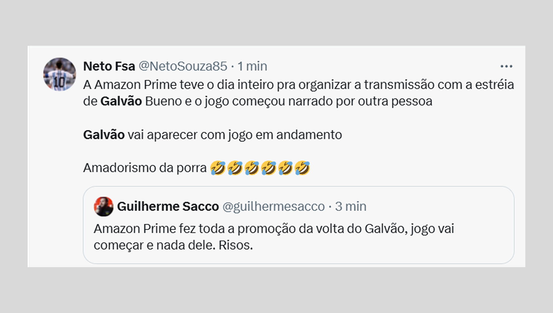 Comentários de torcedores e internautas sobre a ausência de Galvão Bueno na narração dos primeiros 15 minutos de Corinthians x Vasco, no Prime Video - Reprodução de rede social / X
