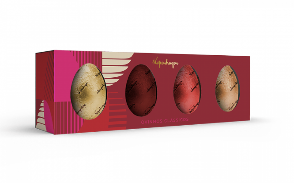 Caixa com quatro mini ovinhos recheados com os quatro sabores clássicos da Kopenhagen - Reprodução / Kopenhagen