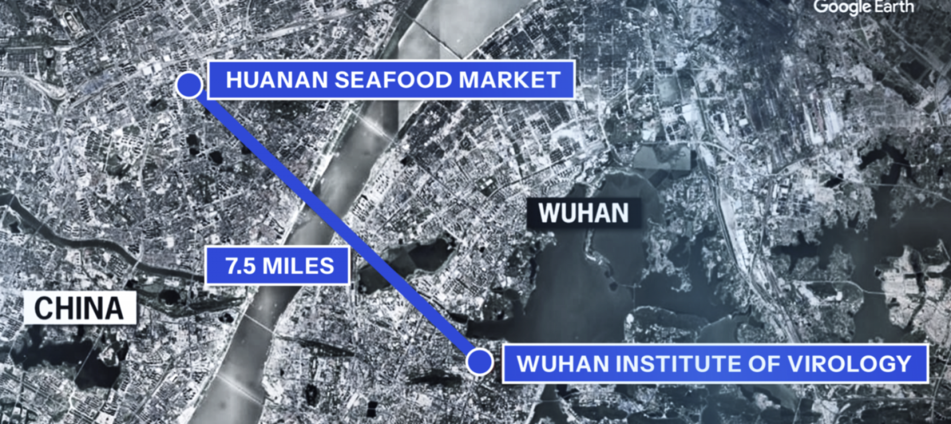 Governo mostra mapa com a dist&acirc;ncia de sete quil&ocirc;metros entre o laborat&oacute;rio de Wuhan e o mercado municipal          - Reprodu&ccedil;&atilde;o / Lab Leak / Casa Branca