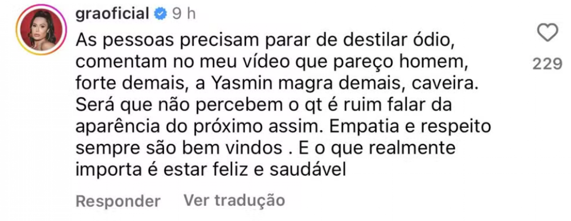 Gracyanne Barbosa defende Yasmin Brunet - reprodução Instagram