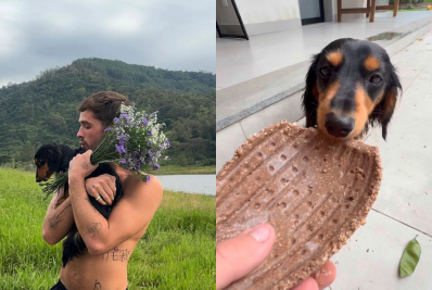 João Guilherme prepara ovo de Páscoa para cachorro que adotou com Bruna Marquezine