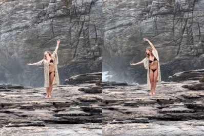  Leticia Spiller dança de biquíni à beira do mar