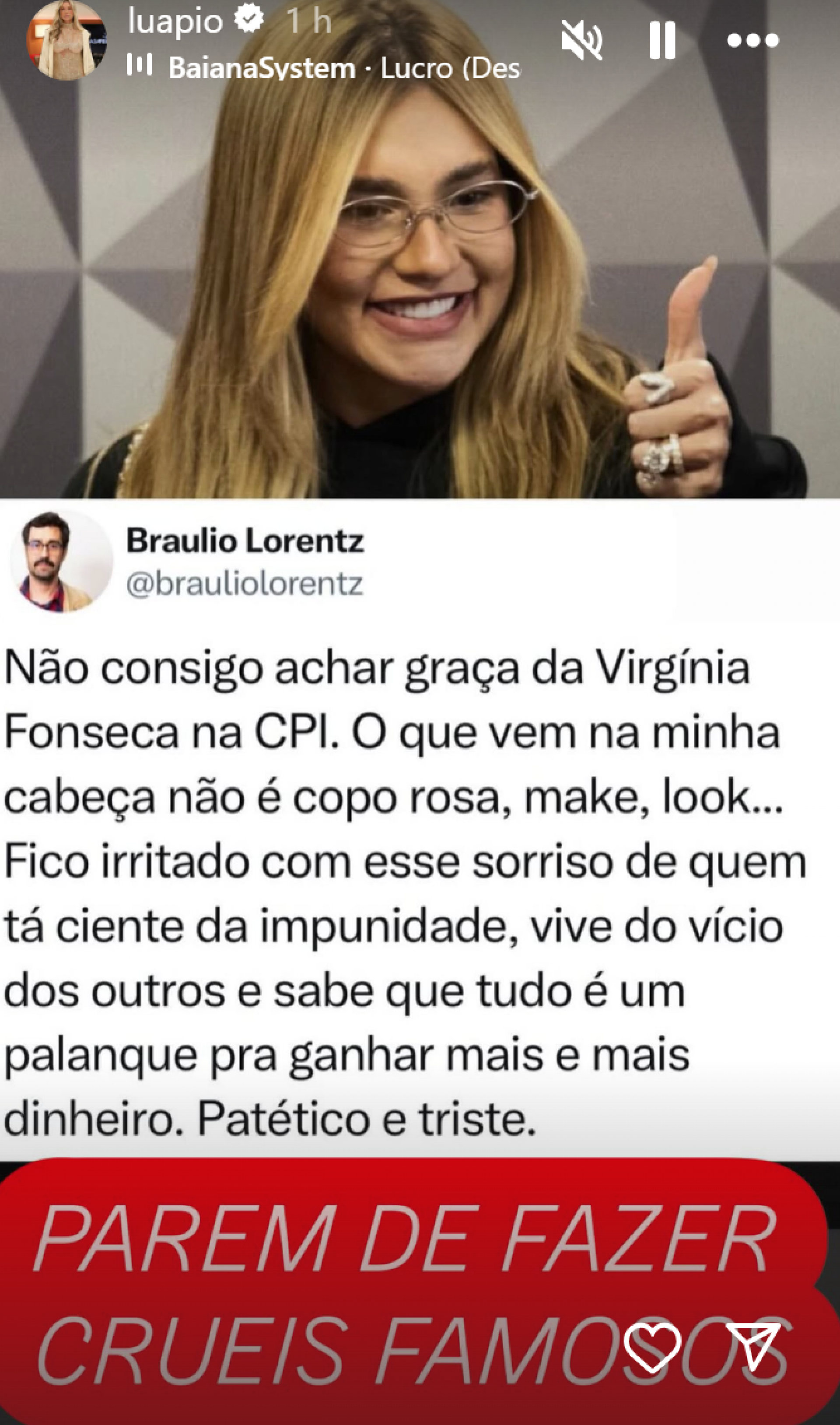 Luana Piovani critica Virginia após CPI das bets - reprodução Instagram