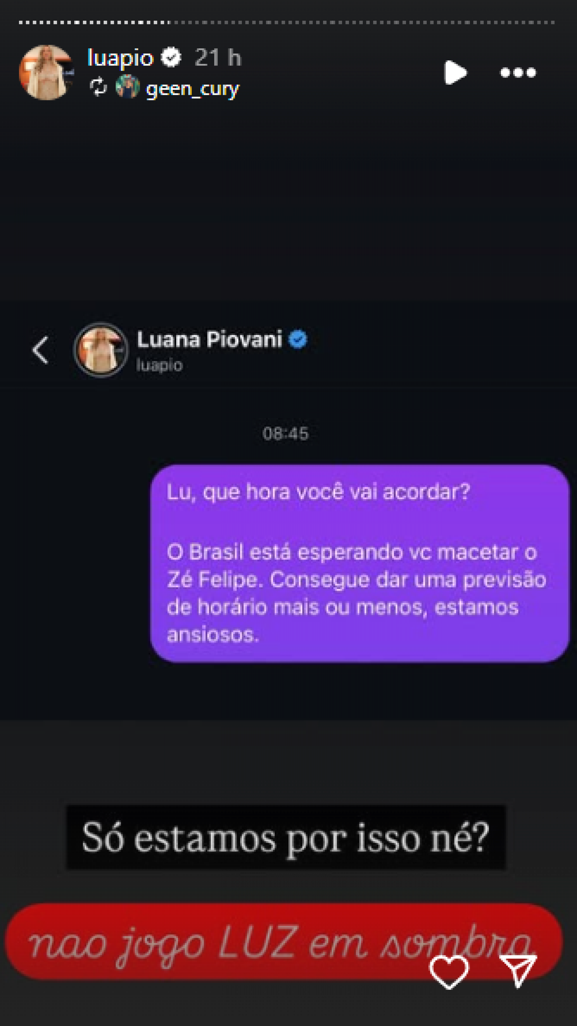 'Não jogo luz em sombra', diz Luana Piovani ao ser questionada sobre Zé Felipe - Reprodução / Instagram