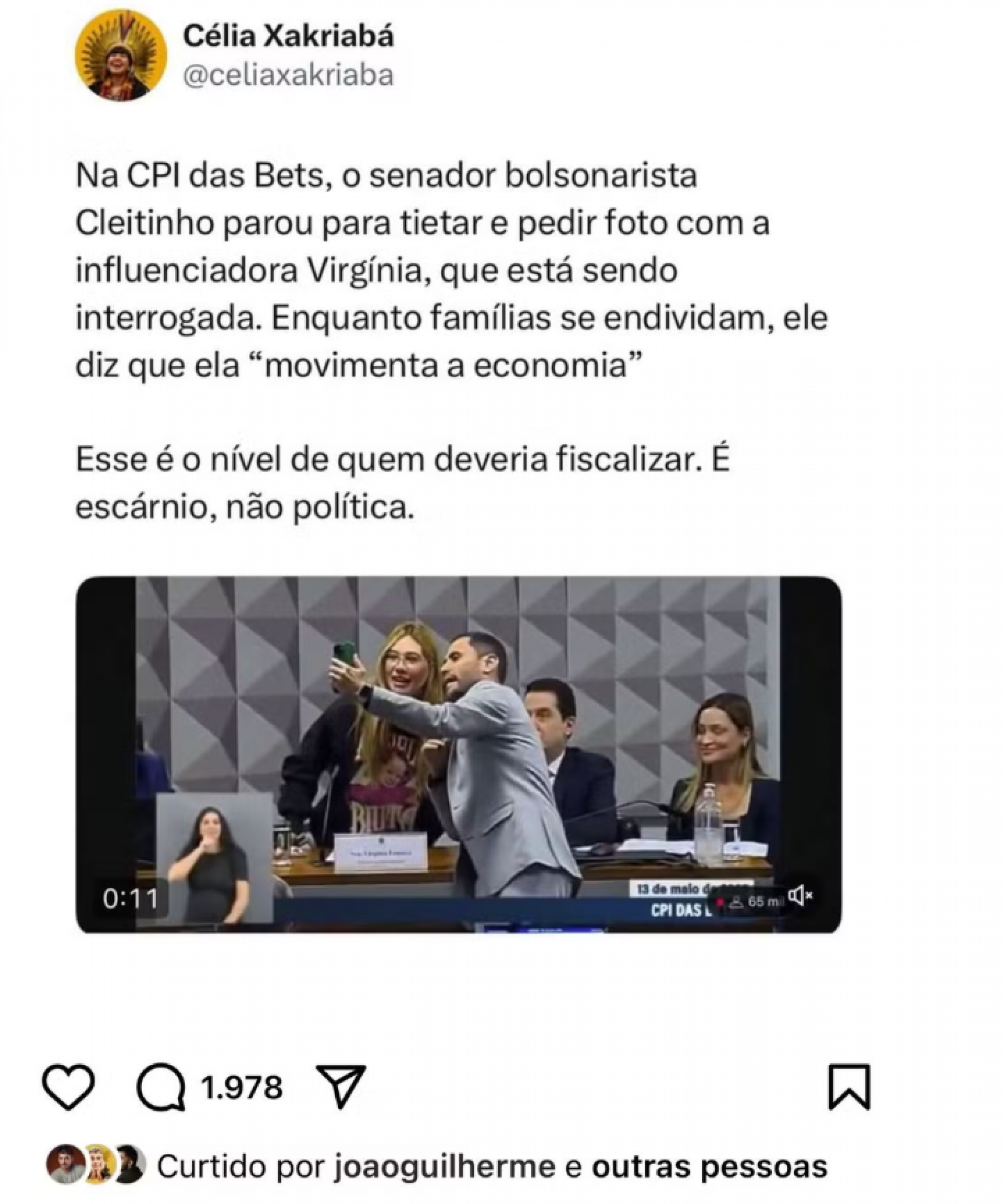 João Guilherme reage a post criticando CPI com cunhada - reprodução Instagram