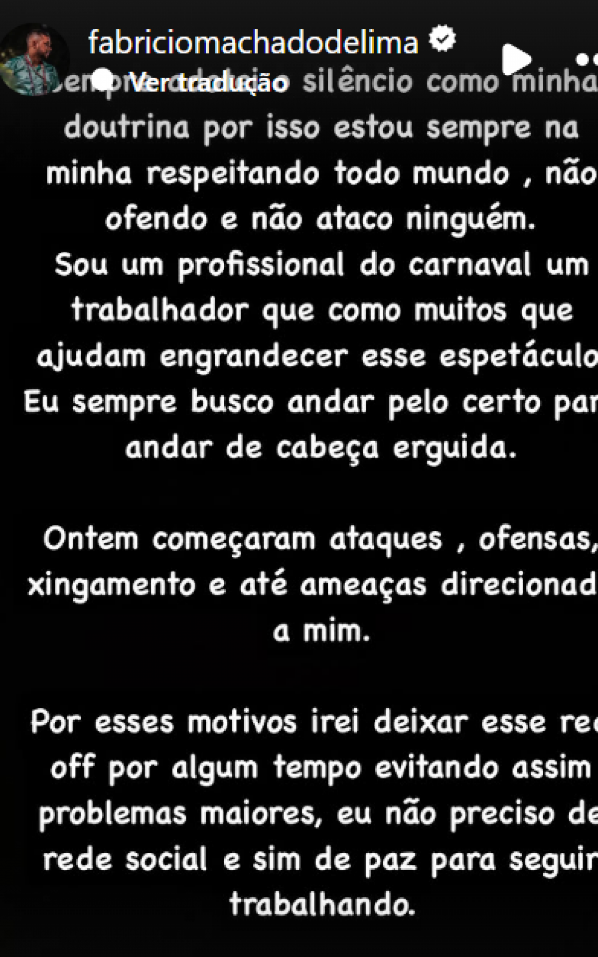 Mestre Fafá, da Grande Rio, denuncia ataques nas redes sociais - Reprodução/Instagram
