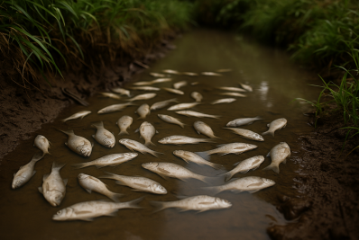 Dano ambiental em comunidade rural: água poluída e peixes mortos