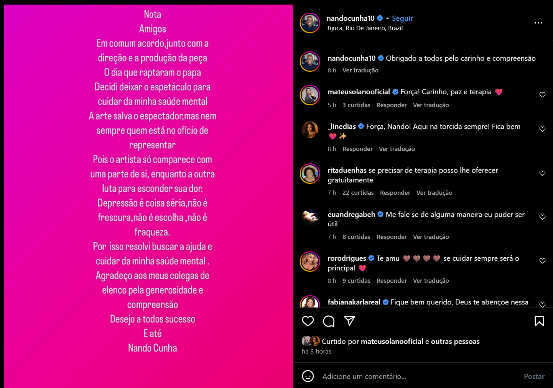 Nando Cunha abandona peça teatral e revela depressão - reprodução Instagram