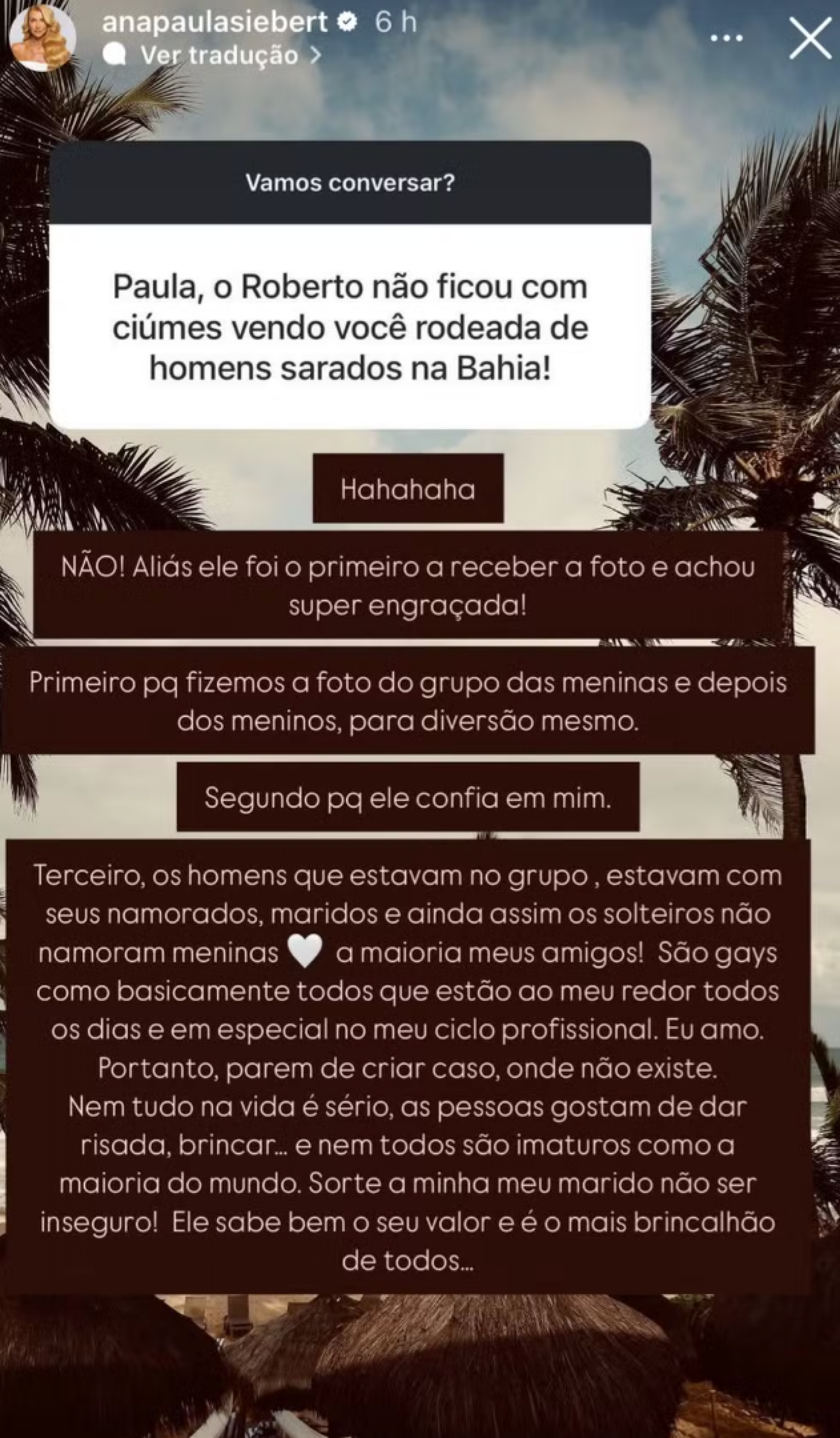 Ana Paula Siebert comenta ciúmes de Roberto Justus após foto com amigos sarados - reprodução Instagram
