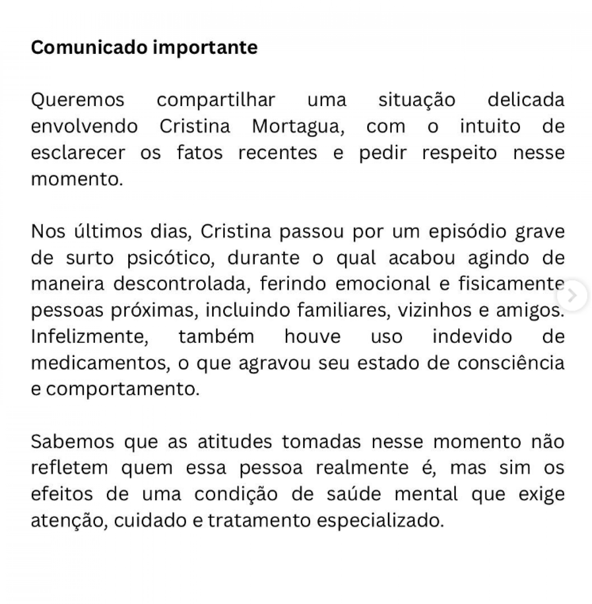 Cristina Mortágua é internada após surto e família pede respeito - reprodução Instagram