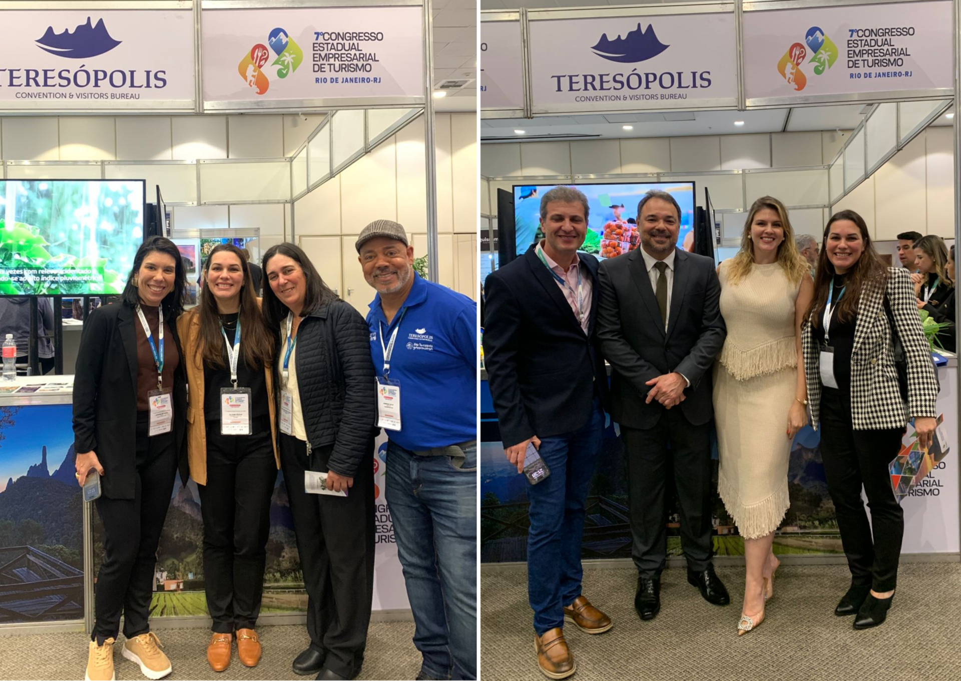 À esquerda, Jannaina Costa, diretora de marketing do TC&VB, Julianna Rocha, vice-presidente do TC&VB, Rosana Martuchelli, produtora rural, e Henrique Silva, diretor de Turismo do TC&VB. À direita, Ricardo Rodrigues, presidente do TC&VB, com o Presidente da FC&VB-RJ, Guilherme Abreu, a diretora de marketing da FC&VB-RJ, Tatiana Dangelo, e a vice-presidente do TC&VB, Julianna Rocha. - Divulgação