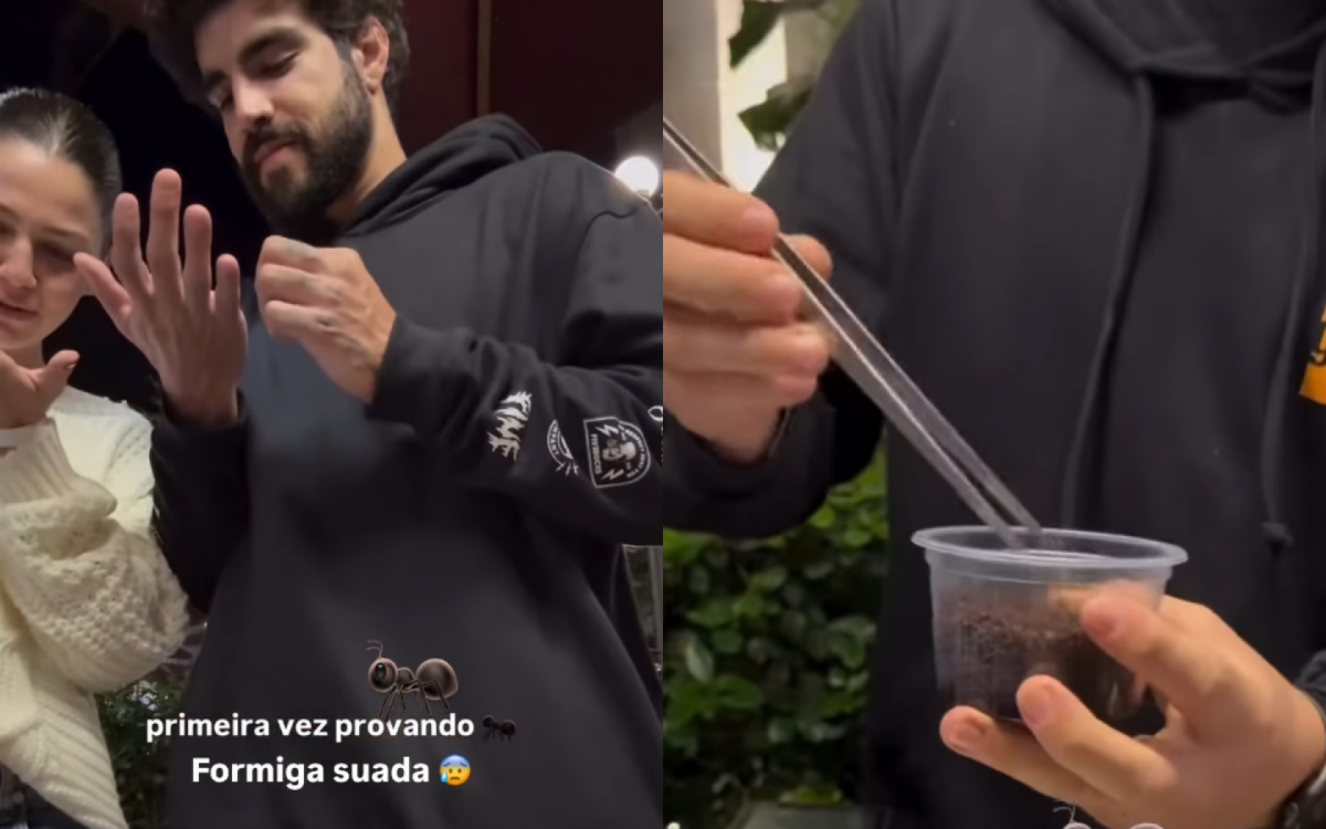 Caio Castro e Vitoria Bohn apareceram provando formiga pela primeira vez