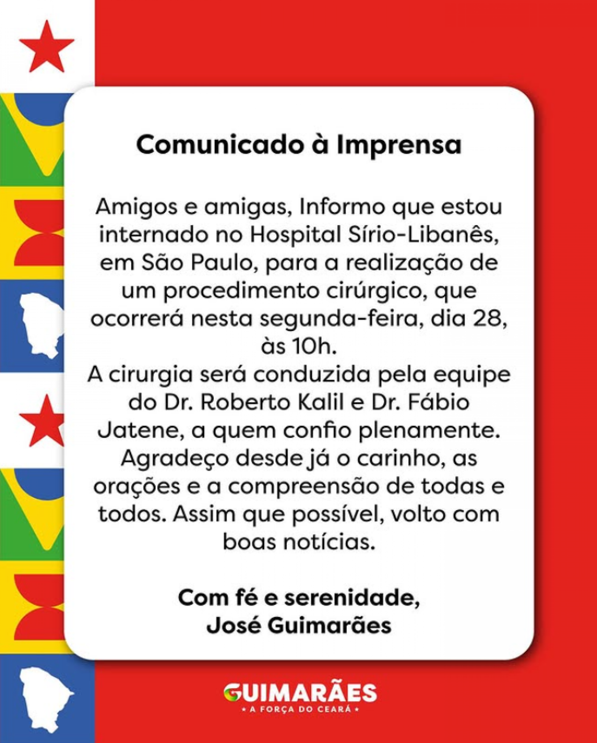 Jos&eacute; Guimar&atilde;es passa por cirurgia na manh&atilde; desta segunda-feira - Reprodu&ccedil;&atilde;o / Redes Sociais
